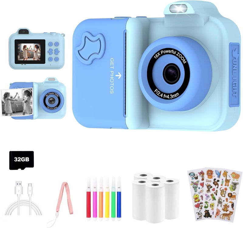 MISIRUN Kids Camera Instant Print, Christmas Birthday Gifts Toys for Girls Boys Age 4 5 6 7 8 9 10 11 12 Years Old,1080P HD Dual Lens Selfie Digital Camera with 5 Rolls Print Paper Stickers Pens 32G Card - Image 1